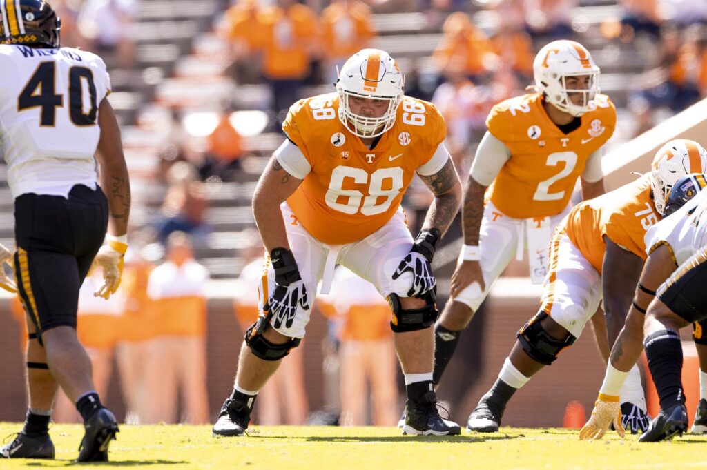 Tennessee Volunteers offensive lineman Cade MAys prepares to block for his quarterback.