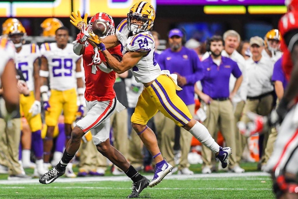 LSU cornerback Derek Stingley Jr. makes an interception during a game against the Georgia Bulldogs.